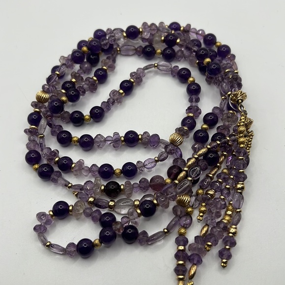 AMETHYST, GLASS, AND GOLD BEAD ARTISAN WRAP NECKLACE 63” - Picture 10 of 11